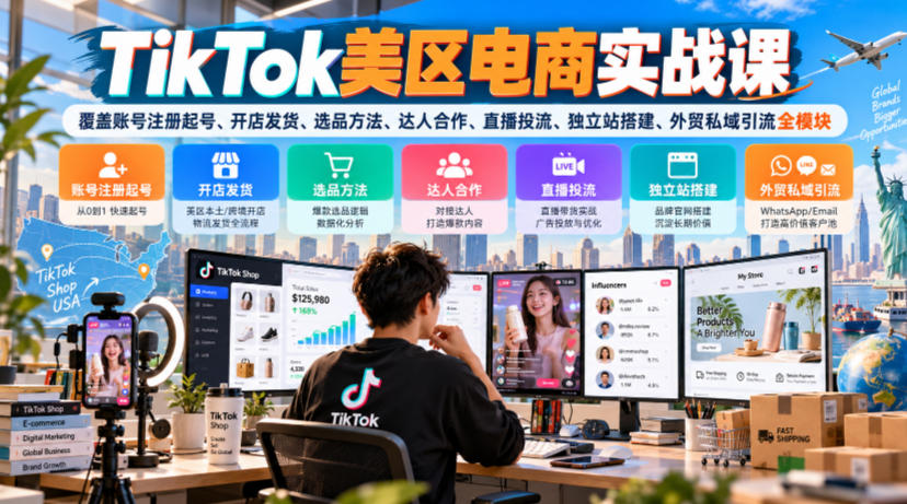 TikTok美区电商实战课，覆盖账号注册起号、开店发货、选品方法、达人合作、直播投流、独立站搭建、外贸私域引流全模块-优优云网创
