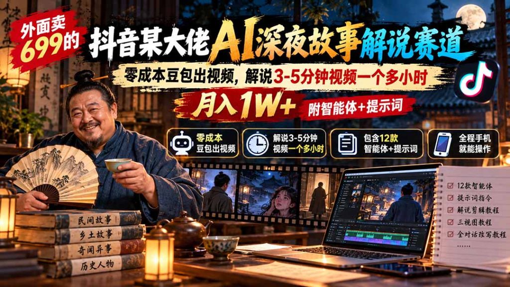 外面卖699抖音某大佬AI深夜故事解说赛道-更新：0成本豆包出视频+解说3-5分钟视频一个多小时，月入1W+附智能体+提示词-优优云网创