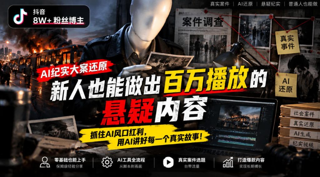 抖音8W粉丝博主的AI纪实大案还原教学，新人也能做出百W播放的悬疑内容，抓住AI风口红利，用AI讲好每一个真实故事-优优云网创