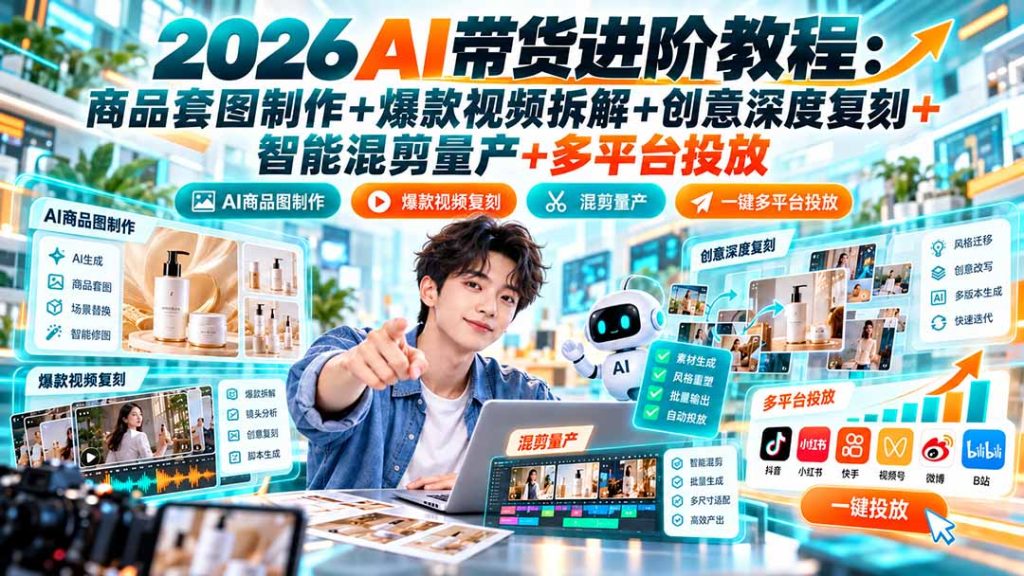2026AI带货进阶教程：商品套图制作+爆款视频拆解+创意深度复刻+智能混剪量产+多平台投放-优优云网创